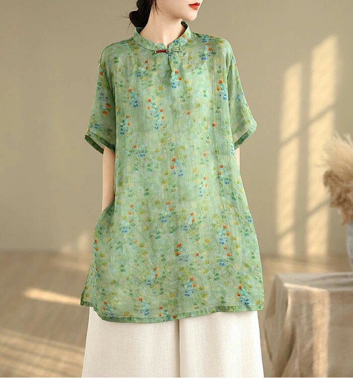 チュニック レディース 春夏 五分袖 ロングシャツ ブラウス 薄手 綿麻風 花柄 チュニックワンピース チュニックブラウス シャツブラウス ミドル丈 Aライン トップス ナチュラル キレイめ 大きいサイズ 体型カバー ゆったり 大人可愛い 春 夏 秋 緑 森ガール 送料無料