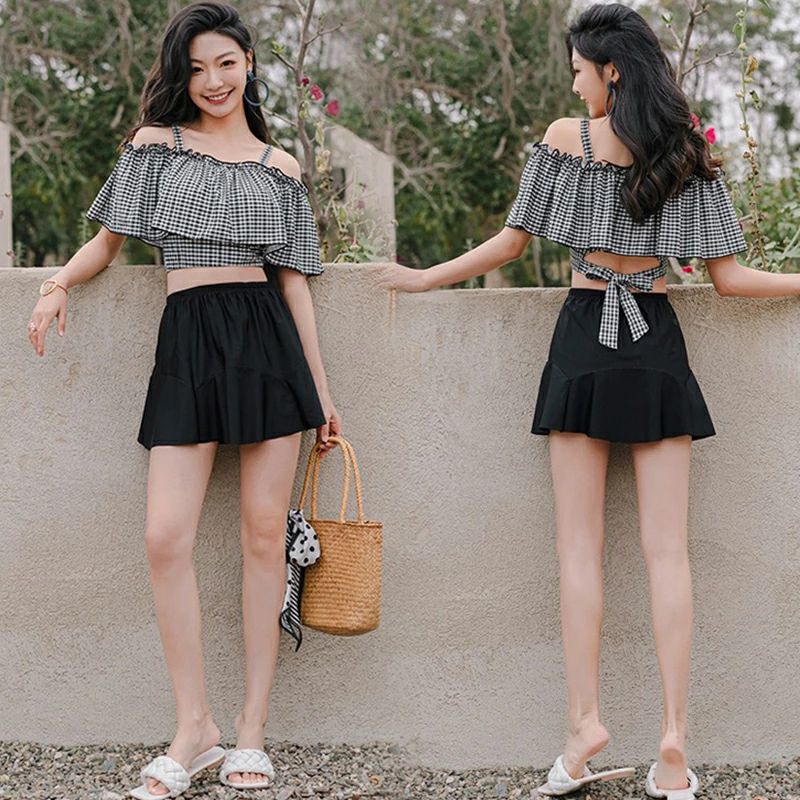 2点セット 水着 レディース 体型カバー 可愛い フリル チェック柄 水着 韓国 水着 タンキニ 水着 タンキニ 露出控えめ セパレート 上下セット スカート 可愛い水着 みずぎ 大人 水着 温泉 プール M L XL