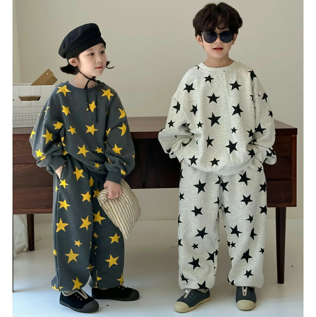セットアップ 2点セット トレーナー ロングパンツ 子供服 春秋 星柄 スウェット キッズ ベビー服 女の子 男の子 長袖 長ズボン おしゃれ かわいい カジュアル スポーツ 運動 部屋着 ルームウェア 選べる 2カラー 子ども ジュニア