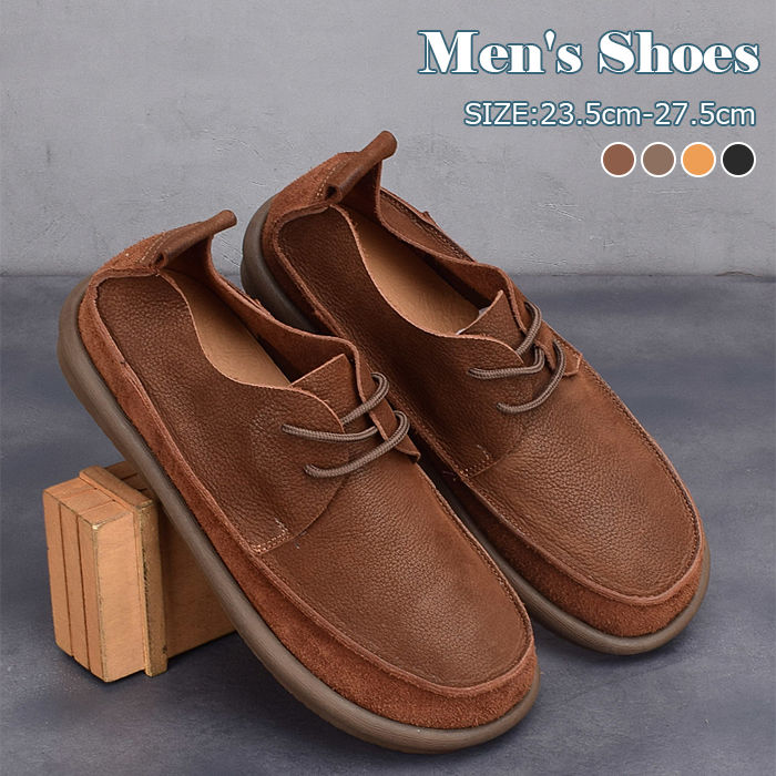牛革 レースアップ 本革 革靴 メンズ シューズ レザーシューズ ラウンドトゥ ショートシューズ 紐靴 ローカット レトロ 4色 男性 カジュアルシューズ 防滑 通勤 ビジネス 皮靴