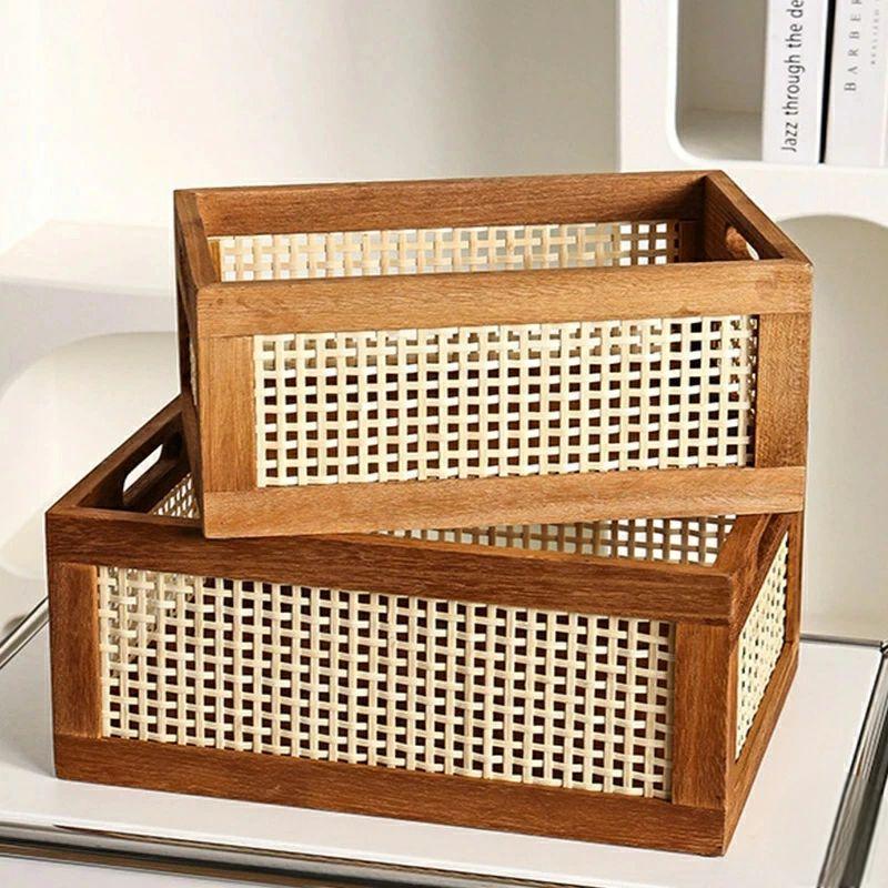 木製デスクトップ収納ボックス 収納ケース 木製 卓上収納 藤編 小物入れ 多機能雑貨 長方形収納ボック..