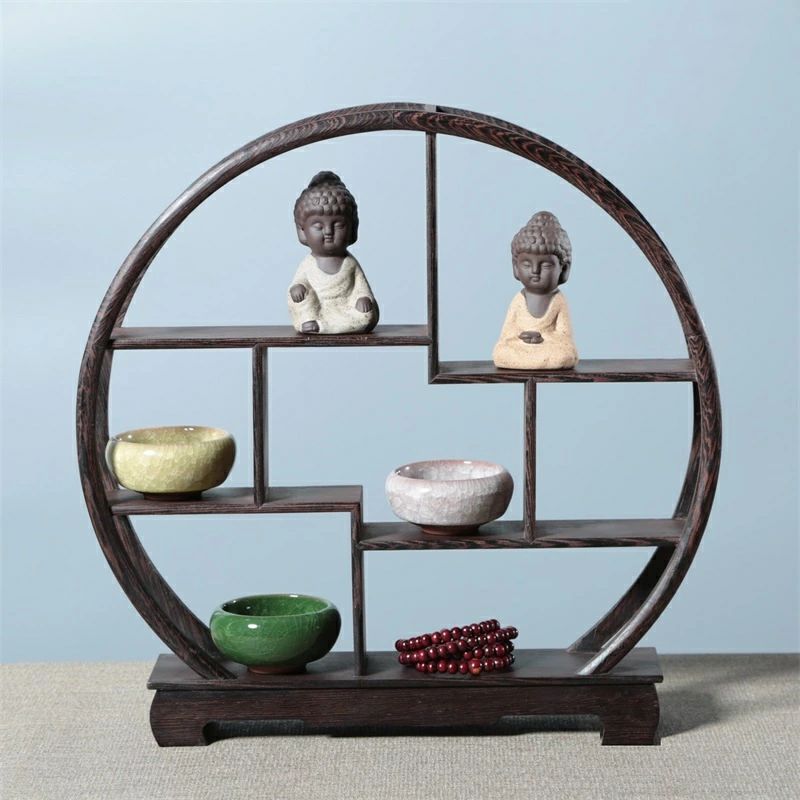 シノワズリ 中国風 珍品棚 木製 丸型 ディスプレイラック ウッドラック ナチュラルラック 収納家具 ラ..