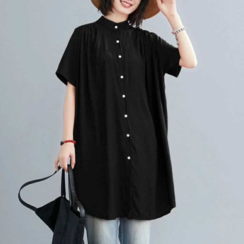 チュニック シャツ 半袖 半袖シャツ 羽織り 立ち襟 ギャザー フレア ロング 前開き ドルマンスリーブ ドロップショルダ 大きいサイズ ゆったり ビングシルエット トップス 春 夏 レディース ロングシャツ 半袖チュニック 大人可愛い