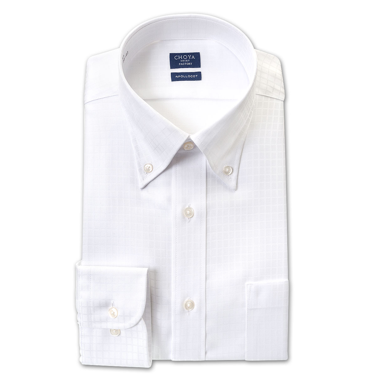 CHOYA SHIRT FACTORY 日清紡アポロコット 長袖 ワイシャツ 形態安定加工 ボタンダウン 白 ホワイト 白ドビーチェック 格子柄 綿：100%