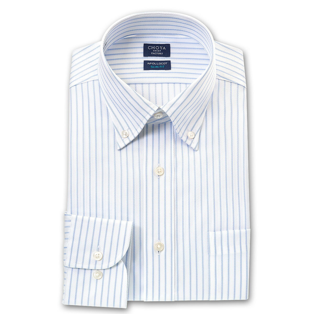CHOYA SHIRT FACTORY 日清紡アポロコット 長袖 ワイシャツ スリムフィットモデル 形態安定加工 スカイブルー＆白ドビーヘリンボーンストライプ ボタンダウンシャツ|綿：100% メンズ