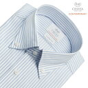 長袖 ワイシャツ メンズ 綿100% 形態安定加工 青 ブルー ストライプ ボタンダウンカラー CHOYA CONTEMPORARY