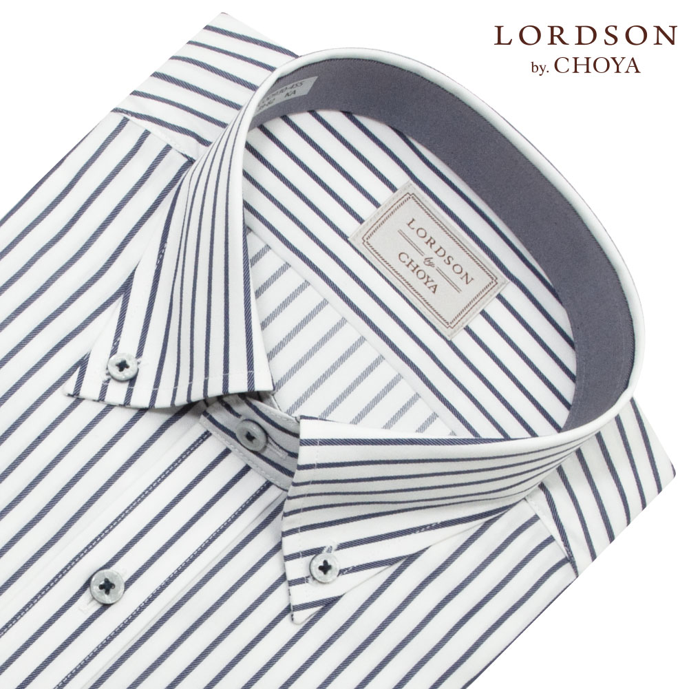 LORDSON by CHOYA ロードソン 長袖 ワイシャツ メンズ 形態安定加工 ネイビー 紺 ストライプ ボタンダウン 綿100％ レギュラーフィット 2...