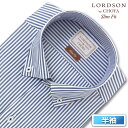 LORDSON Yシャツ 半袖 ワイシャツ メンズ スキッパーボタンダウン 形態安定 ネイビー ストライプ スリムフィット 綿100 LORDSON by CHOYA(con093-355)