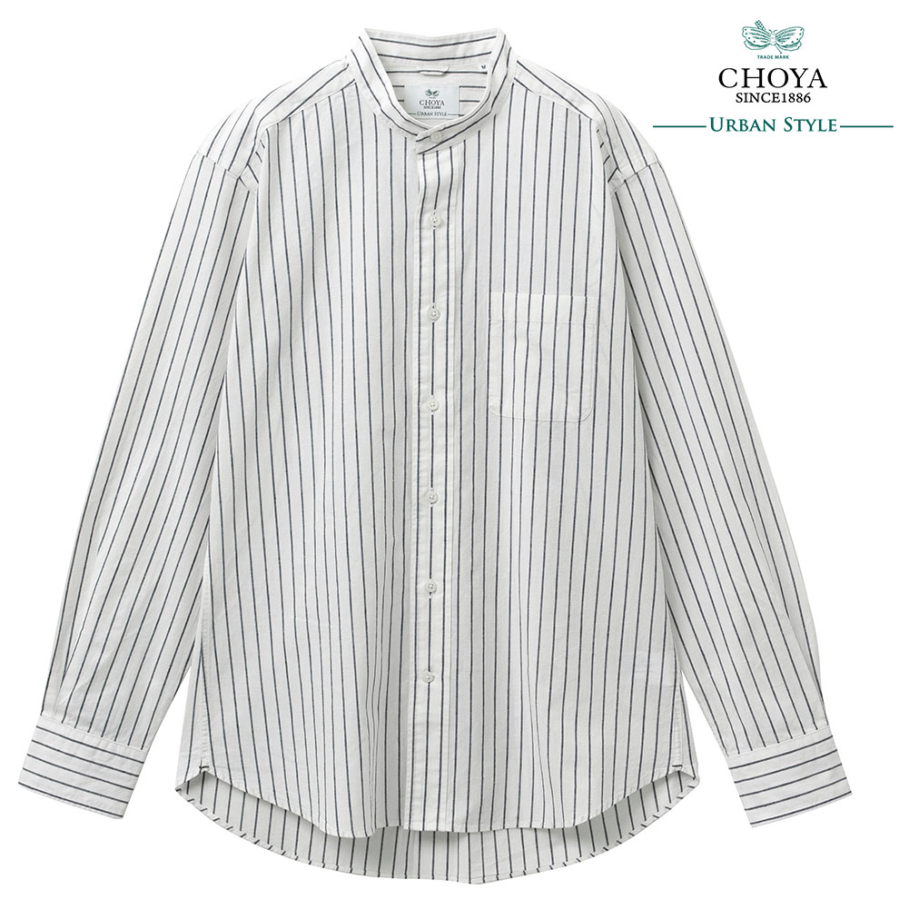 乐天商城 - リネンシャツ カジュアルシャツ CHOYA URBAN STYLE スタンドカラー 白 ホワイト ストライプ 綿麻 春夏