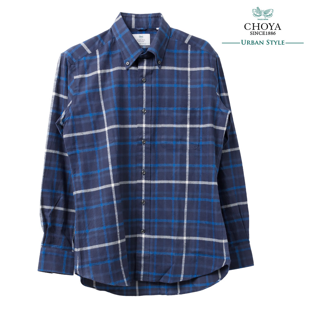 樂天商城 - フランネル CHOYA カジュアルシャツ 長袖 CHOYA URBAN STYLE ボタンダウン ブルー 青 ネイビー 紺色 チェック 綿100% (cue920-655)