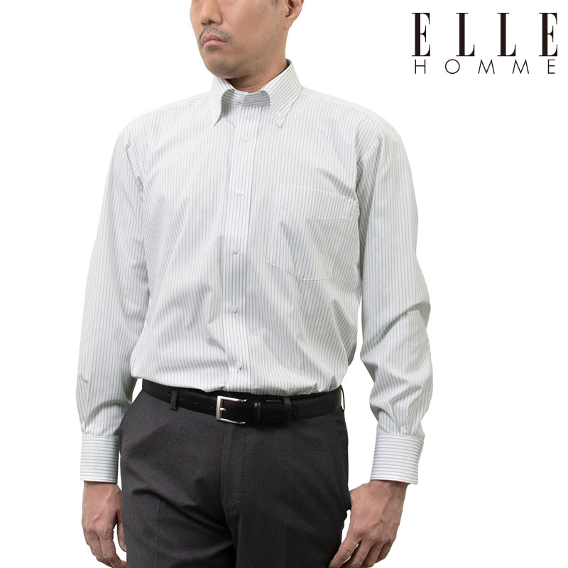 乐天商城 - ELLE HOMME ワイシャツ メンズ 長袖 形態安定加工 ゆったり グレー ストライプ ボタンダウン ELLE HOMME APR10