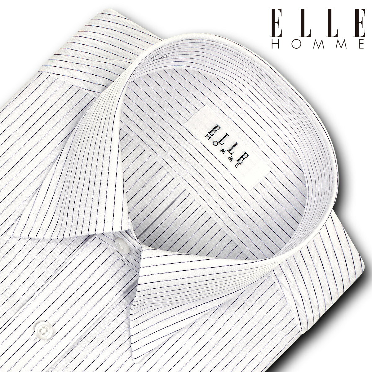 ELLE HOMME 長袖 ワイシャツ メンズ 形態安定 パープル ピンストライプ スナップダウンシャツ 綿 ポリエステル パープル(zed901-465) (sa1)