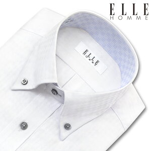 ELLE HOMME 長袖 ワイシャツ メンズ 形態安定 消臭仕立て ゆったり 白ドビー ダイアチェック ボタンダウンシャツ 綿 ポリエステル ホワイト ドレスシャツ Yシャツ ビジネスシャツ(zed903-200)