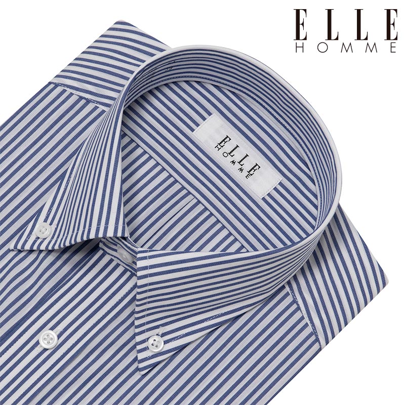 Button-Down - ELLE HOMME 半袖 ワイシャツ メンズ 夏 形態安定 涼感素材 ブルー ストライプ ボタンダウン |綿 ポリエステル テンセル クールビズ ELLE HOMME