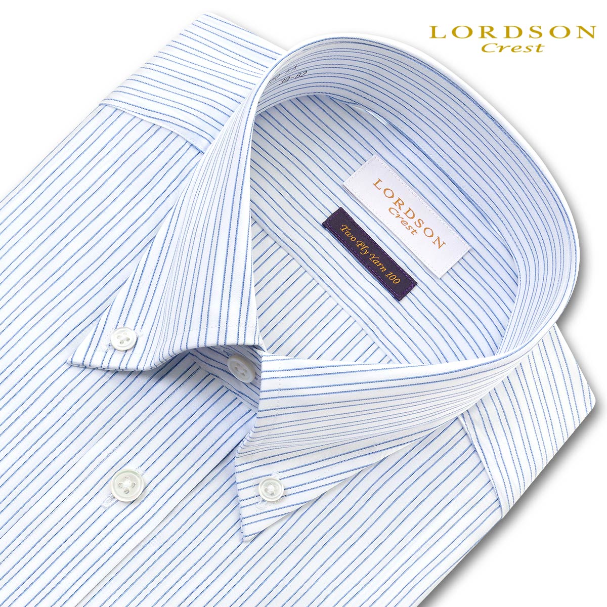 LORDSON Crest 長袖 ワイシャツ メンズ 形態安定 スリムフィット ボタンダウンカラー スカイブルー ダブルストライプ 綿100 (zod251-450)