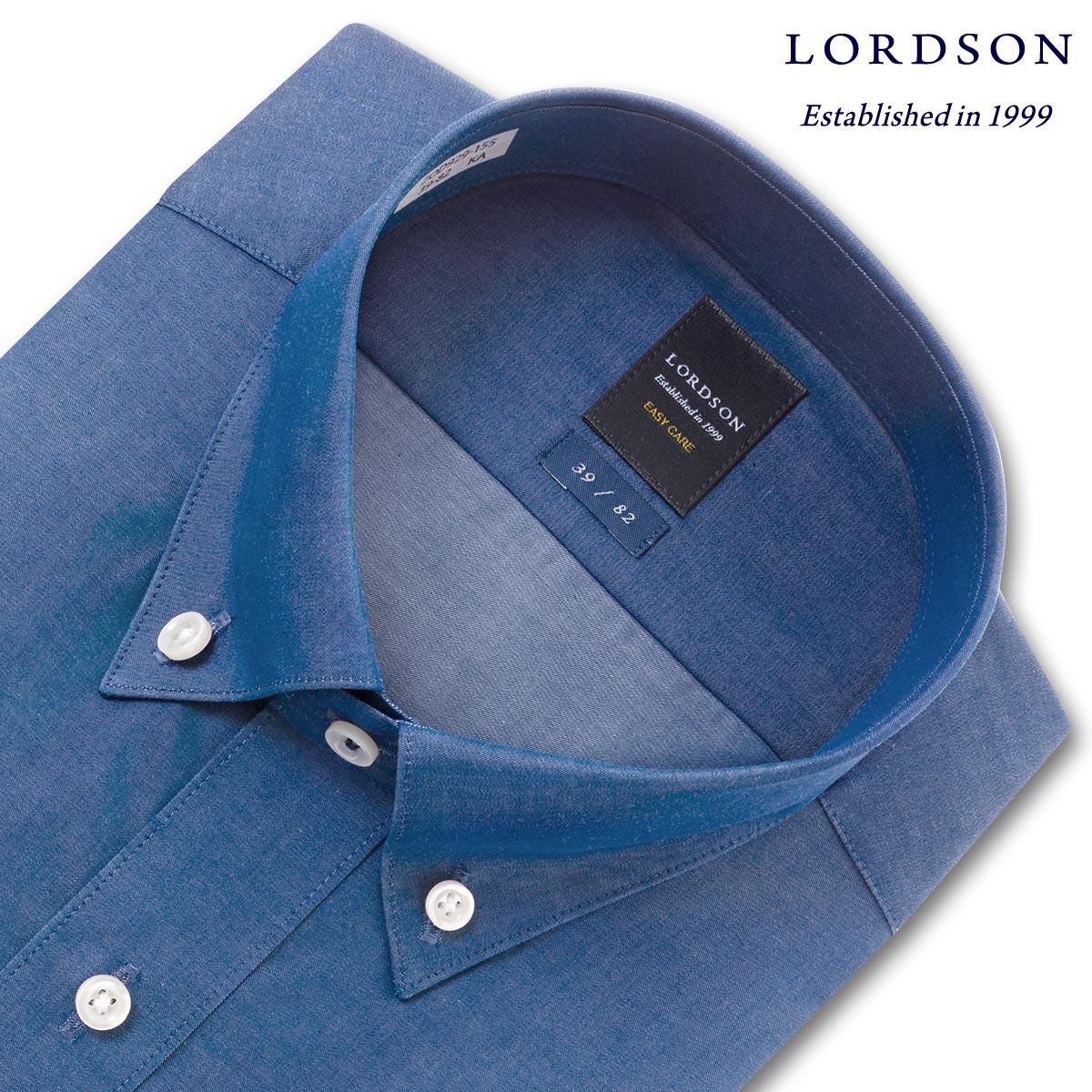 LORDSON 長袖 ワイシャツ メンズ 形態安定 ショートボタンダウン ダンガリーインディゴブルー 綿100% (zod929-155)