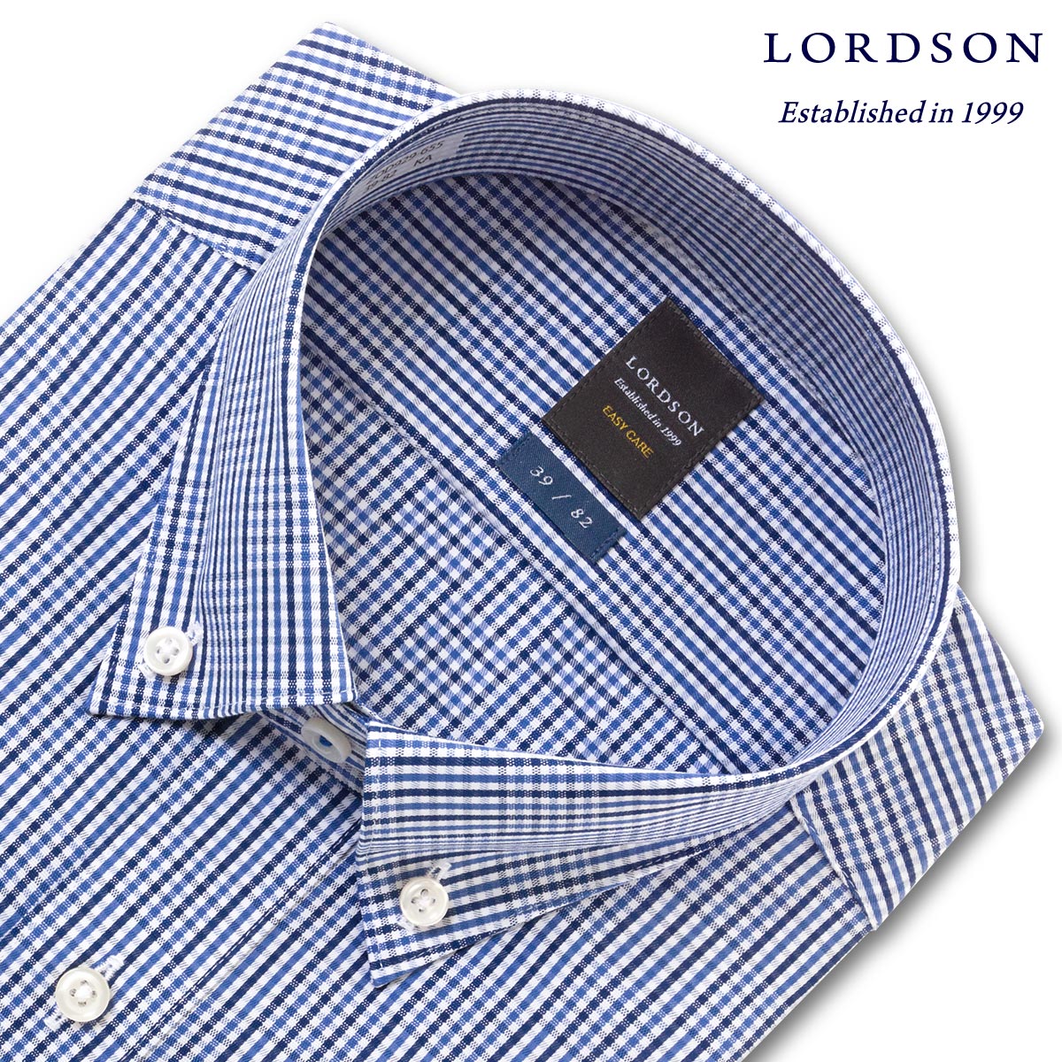 LORDSON 長袖 ワイシャツ メンズ 形態安定 ショートボタンダウン ミニブロックストライプ＆オーバーチェック ブルー ネイビー ホワイト 綿100 (zod929-655)