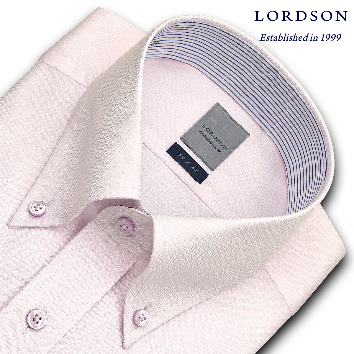 LORDSON 長袖 ワイシャツ メンズ 春夏秋冬 形態安定加工 ピンクのダイア柄ドビー ボタンダウンシャツ|綿：100%(zod392-210)(sa1)