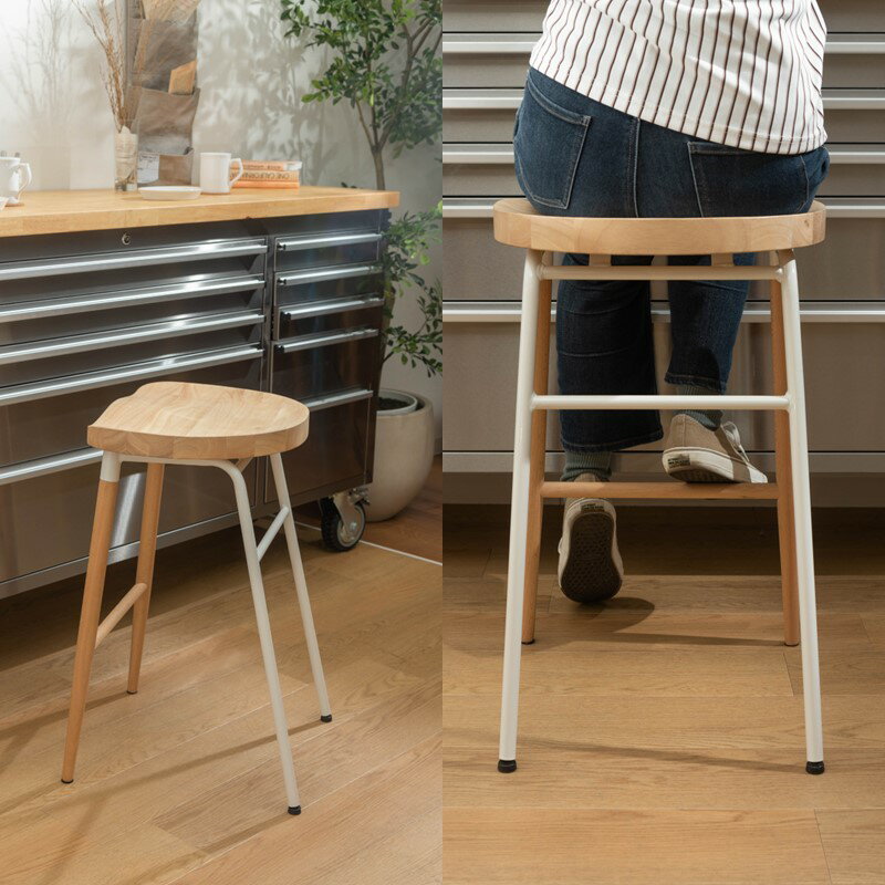 スチールと木を組み合わせたデザイン・ハイスツール ホワイト [2]