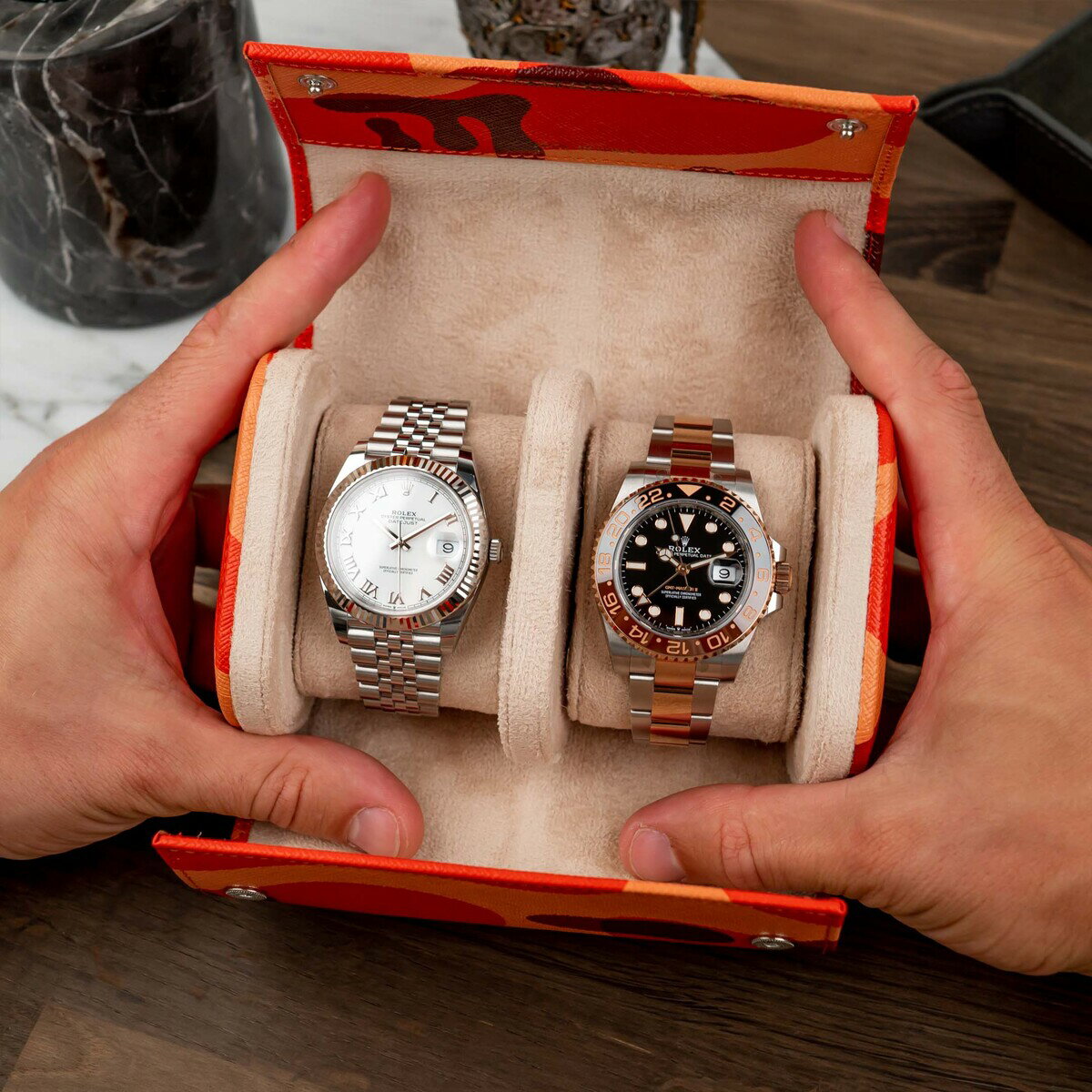 IFLW ウォッチロール 2本用 Orange Camo（オレンジ迷彩） IFLWatches 時計ケース 本革ケース アイエフエル ウォッチケース 収納ケース 橙 カモフラ アルカンタラ 腕時計 時計用 複数 誕生日 高級