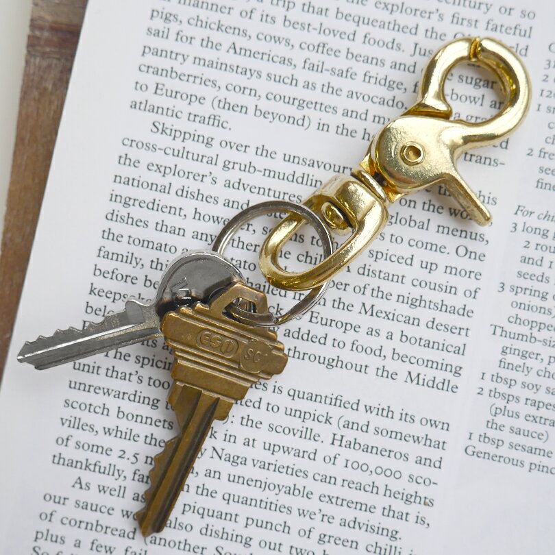 Vintage Brass Swivel Key Holder ミニレバー付ナスカン型 ヴィンテージ キーホルダー（単品 1個） アメリカの1950年代頃の金具(ナスカン)のデザインをベースにしたヴィンテージ感あふれるキーホルダーです。 使い込む事で経年変化をお楽しみいただけます。接続部が回転するので絡まりにくい作りです。 サイズ 65mm(全長) 素材 真鍮無垢 重さ 35g 注意点 ※画像内の鍵やキーホルダーは附属しません。