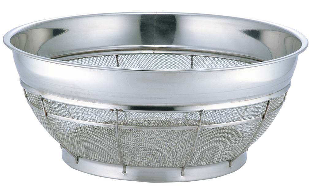 【ポイント20倍】BK 18-8 カラーバー付 浅型ザル 荒目 43cm 6.5メッシュ イエロー EBM vol.25[439-8]水切り・ザル