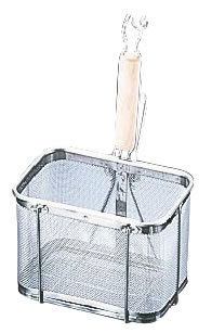 18-8木柄角型うどんてぼ 横型 深型 【業務用てぼ】【網】【そば うどん パスタ】【18-8ステンレス】【湯切り】【麺揚げ】【業務用】