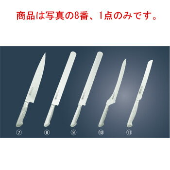 商品は写真の8番、1点のみです。 刃部……モリブデンバナジウム特殊鋼を用い、切れ味、長切れを重視 ハンドル部…… 18-8ステンレススチールモナカハンドル ガラスビーズショット仕上げによる、手触りのソフト化、滑り防止 刃部とハンドル部の（溶接による）一体化で、雑菌等の付着防止など、従来の木ハンドルの衛生面での問題を克服しました。 （手研本刃付） 【刃渡】39cm 【全長】530mm 【g】245g 【背厚】2.0mm 店舗用識別コード：7911100