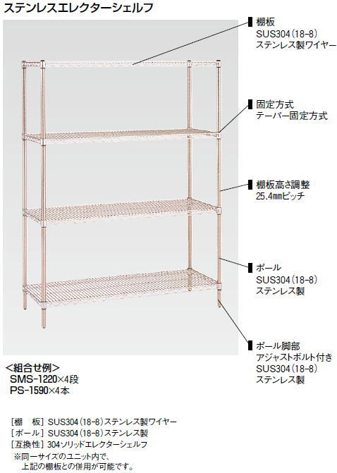 ステンレス エレクター シェルフ SSS シリーズセット (奥行310mm) SSS1820・PS1590 4段【代引き不可】