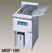 　新品・送料無料！ IHフライヤー【MISF-18K】 外形寸法 W450×D600×H800mm 電源容量3φ200V 6.0kVA 定格消費電力 5.0kW 電源電線3m引掛プラグ付 接地3P-20A 一次側最大電流値 15.2A 漏電ブレーカー 3極：30A 調理能力 15~20個/回 適正油量 約15ℓ 排油口 下向き 排油バルブ 32A 本体質量 65kg 「油槽がヒーター」新構造。油槽が円滑なので清掃性に優れ、しかも操作はIHで高性能。 新設計の油槽で優れた清掃性と省エネを実現。新設計の油槽は従来品のIHフライヤーのような加熱パイプがない構造ですので、汚れを楽に拭き取れます。また、使用油量が少なくなるように設計されていますので、従来品よりも消費電力が低く、高熱費の削減につながります。 IH方式で高効率。熱源は高効率のIH加熱方式のため大きな対流で油を均一に加熱します。 調理のマニュアル化が容易に行え、メニュープログラム機能も搭載。調理温度、時間の登録で繰り返し調理を実現。油の温度は5メニュー、調理時間は10メニューまで登録でき、調理のマニュアル化が図れます。 2度揚げステップ調理機能搭載。あらかじめ、調理終了後2度目までの待機時間、2度目の調理時間を設定しておけば容易に2度揚げ調理ができます。(オートリフトタイプのみ) 省エネモード搭載。省エネキーを押した場合や長時間調理しない場合は、自動的に省エネモードに切り替わり、設定温度より低い温度でアイドリング運転しますので節電並びに油劣化抑制の効果が得られます。 溶解モード搭載。ラードなどの固形油を使用する場合、溶解キーを押すだけで、通常使用できるように安全に溶かすことができます。 油費用の削減。揚げカスは油槽底部のコールドゾーンに沈むため、油の劣化を抑え、長持ちさせます。 安全・安心。油槽の異常上昇時の温度過昇防止装置と、その他の異常もエラー表示とブザーでお知らせし、通電をストップする安全設計です。 排油位置が選べます。卓上タイプは、下排油、手前排油を選ぶことができます。専用架台もラインナップしています。 ご不明な点がございましたら、こちらから、お気軽にお問い合わせください。