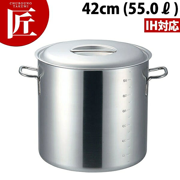 【業務用厨房機器のキッチンマーケット】プロデンジ 寸胴鍋 目盛付 42cm(55.0L)規格 （容量） : [42cm（ 55.0L）]内径 深さ t=底板厚 : φ420×H410mm t=3.0mm材質 : SUS444（NSSC190）NSSC190ステンレス製。プロのための電磁調理器用鍋です。NSSC190（19Cr-2Mo-Ti-Nb-UL-C-LN）とは厨房業界最高峰の耐食性・耐久性を誇るモリブデン入りクロムステンレスで、SUS444（18クロームモリブデン）規格の中で最高品質にランクする、業務用電磁調理器鍋に最適の材質です。※目盛無しもあります。※48cm・54cmは目盛無しです。●PRO仕様極厚底NSSC190ステンレス単層構造だから、丈夫で電磁調理器には最適です。長時間の加熱でも変形が起こりにくい構造[ASC:R=☆/R=045/P=0077900]【送料無料】プロデンジ 寸胴鍋 目盛付 42cm (55.0L) 寸胴 寸胴鍋 業務用寸胴鍋 IH対応 電磁調理器対応 ステンレス IH対応 業務用 【kms】【送料無料】【寸胴鍋_業務用寸胴鍋_IH対応_電磁調理器対応_ステンレス】[ASC:R=☆/R=045/P=0085700]他のサイズもございます。 &nbsp; &nbsp; &nbsp; &nbsp; 15cm(2.5L) 18cm(4.2L) 21cm(6.8L) 24cm(10.3L) 27cm(14.6L) 30cm(20.0L) 33cm(26.0L) 36cm(34.0L) 39cm(43.0L) 42cm(55.0L) 45cm(67.0L) 48cm(87.0L) 54cm(120.0L) &nbsp; &nbsp; &nbsp; &nbsp; &nbsp; &nbsp; &nbsp; 15cm(2.0L) 18cm(3.1L) 21cm(5.0L) 24cm(7.5L) 27cm(9.8L) 30cm(12.5L) 33cm(17.0L) 36cm(25.0L) 39cm(30.0L) 42cm(38.0L) 45cm(48.0L) 48cm(58.0L) &nbsp; &nbsp; &nbsp; &nbsp;
