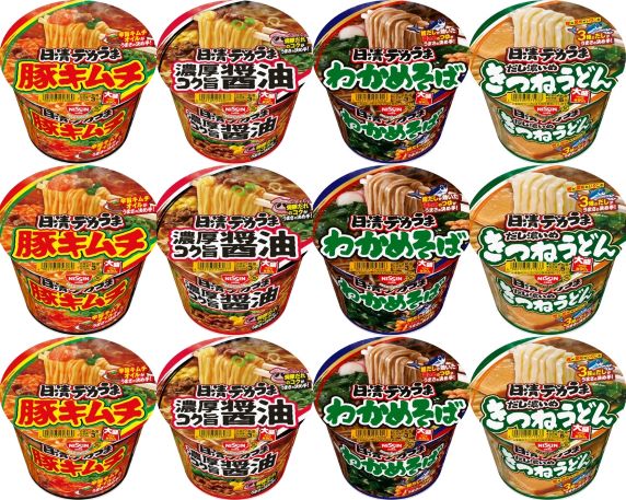 【12食セット(4種類×3個)】日清食品 デカうま豚キムチ 4902105256060 デカうま濃厚コク旨醤油 4902105256077 デカうまわかめそば 4902105256046 デカうま きつねうどん 4902105271933
