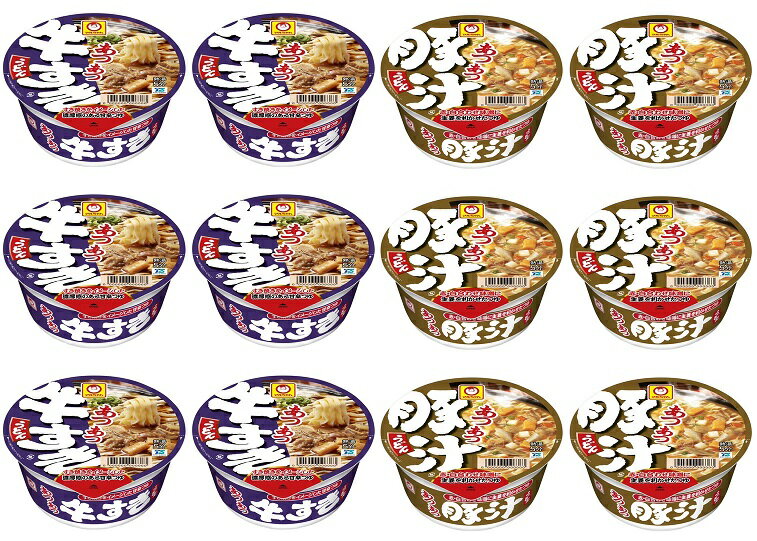 【送料無料】【2種類×6個＝12食】あつあつ牛すきうどん＆あつあつ豚汁うどん 4901990366564 4901990366540 ご当地 カップラーメン カップ麺 カップめん インスタント麺 インスタント食品 非常食 夜食 インスタントラーメン カップうどん インスタントうどん マルちゃんのサムネイル