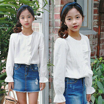 レースピンタックブラウス/長袖/白色/ブラウス/シャツ/無地/フォーマル/トップス/フリル/襟付き/シンプル/レース【子供服/キッズ/韓国子供服/子ども服/CHUMCHUM/チャムチャム】【100/110/120/130/140/150】