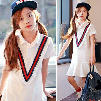 【即納】ホワイト/半袖/ポロワンピース/ワンピ/女の子/ジュニア/シンプル/フリル/カジュアル/夏/コットン【子供服/キッズ/韓国子供服/子ども服/COCORIA/ココリア】【100/110/120/130/140/150】