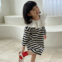 【即納】【KIDS】ボーダーフリルワンピース/ボーダーワンピース/子供服/子供ワンピース/子供ストライプワンピース/フリルカラーワンピース/通園ルック/通学ルック【子供服/キッズ/韓国子供服/子ども服/COCORIA/ココリア】【90/100/110/120/130】