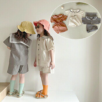 【即納】【KIDS】セーラー服と半パン2点セット キッズコーデ 韓国子供服 上下セット セーラー服 半袖 男の子 女の子 2点セット 可愛い 子ども服【子供服/キッズ/韓国子供服/子ども服/COCORIA/ココリア】のサムネイル