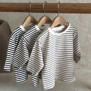 【即納】【KIDS】ボーダー Tシャツ トップス カットソー 半袖 軽い コンパクト 七分袖 五分袖 楽ちん 綿100　ボーダー柄 ナチュラル 韓国 韓国子供服 子供服 キッズ 女の子 男の子 女児 男児 子ども 【COCORIA/ココリア】