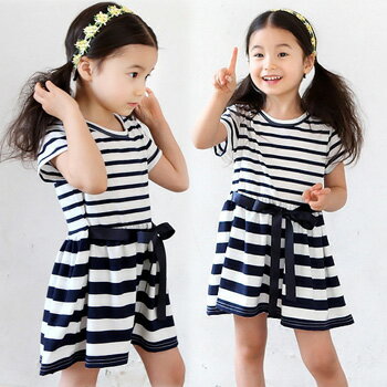 乐天商城 - 【即納】2種類のボーダー半袖ワンピースウエストリボン付き 【子供服 キッズ 韓国子供服 子ども服 子供 COCORIA ココリア】【90/100/110/120/130/140/150/160】
