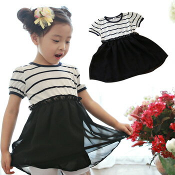 Rakuten - 【即納】ボーダーシフォンハイウエストワンピース 【子供服 キッズ 韓国子供服 子ども服 子供 COCORIA ココリア】【90/100/110/120/130/140/150/160】