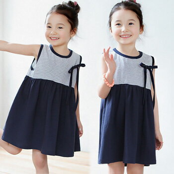 樂天商城 - 【即納】細いボーダーのリボン付きミニワンピース 【子供服 キッズ 韓国子供服 子ども服 子供 COCORIA ココリア】【90/100/110/120/130/140/150/160】