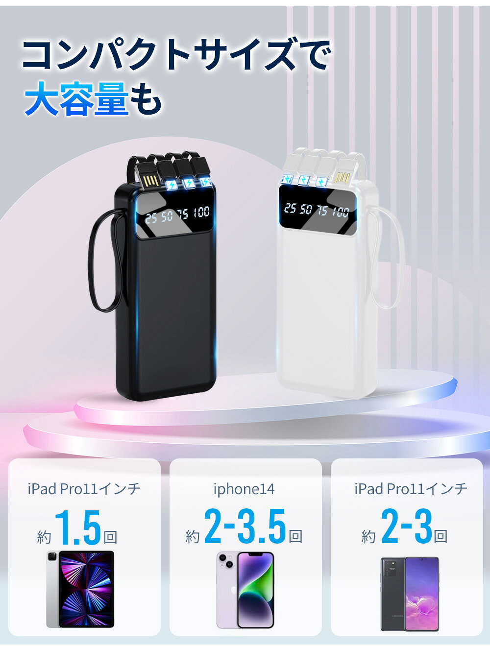 【期間限定！89%OFF→1,408円！】モバイルバッテリー 22000mAh 大容量 22.5W 急速充電 5台同時充電 4種類ケーブル内蔵 2WAY蓄電 LED残量表示 小型 軽量 薄型 PSE認証済み 携帯充電器 スマホ充電器 iPhone Android Type-C Lightning microUSB 対応 防災 旅行 出張 chunyiyang-10000509 Atzone サンプル画像2