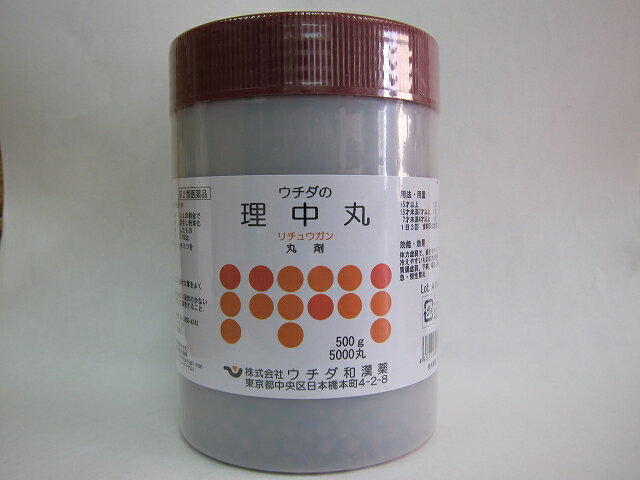 錠剤数 500g・5000丸 用法・容量 1回15才以上　20〜30丸、 14〜7才　13〜20丸 6〜4才　10〜15丸 1日3回食前又は食間 区分 日本製：【第2類医薬品】 成分 90丸（9.231g）中 生薬末7.692g（ニンジン、カンゾウ、ビャクジュツ、 カンキョウ各3g） 製造元 （株）ウチダ和漢薬 東京都中央区日本橋本町4-2-8 広告文責 有限会社 中央薬局 （電話）097-545-6320効能・効果 手足などが冷えやすく，尿量が多いものの次の諸症： 胃腸虚弱，胃アトニー，下痢，嘔吐，胃痛