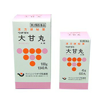 用法 次の1回量を1日2回食前又は食間，あるいは就寝前に服用する。 ［年齢：1回量］ 大人（15歳以上）：10〜20丸 15歳未満7歳以上：7〜13丸 7歳未満4歳以上：5〜10丸 4歳未満：服用しないこと 【用法関連注意】 （1）小児に服用させる場合には，保護者の指導監督のもとに服用させること。 （2）幼児に服用させる場合には，薬剤がのどにつかえることのないよう，よく注意すること。 成分 40丸(3g)中 　生薬末 2.941g （ダイオウ末10g，カンゾウ末5g） 添加物 カルメロースナトリウム(CMC-Na) ） 商品特徴 ウチダの大甘丸は漢方処方にしたがって，生薬粉末を配合して丸剤としたものです。 製造元 株式会社ウチダ和漢薬 区分 日本製・【第2類医薬品】 広告文責 有限会社 中央薬局 （電話）097-545-6320　