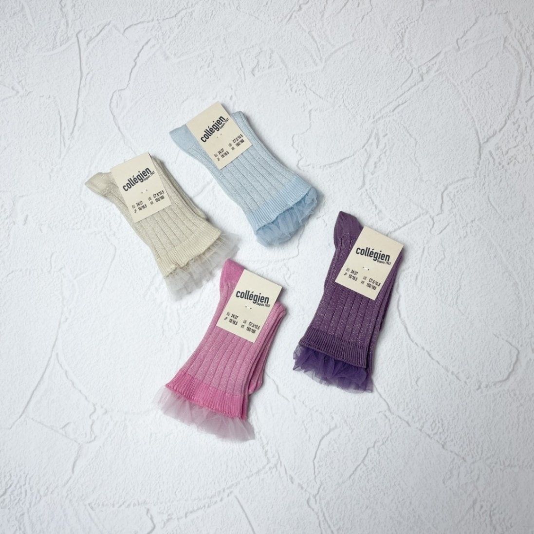 【Collegien】Alizee Glitter Ribbed Crew Socks with Tulle Trim - Glacier -