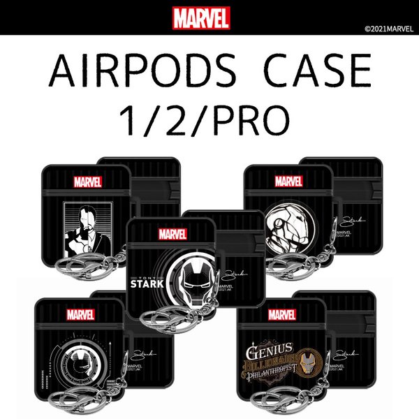 MARVEL マーベル AIRPODS / PRO / PRO2 CASE アイアンマン エアポッズ エアポッズプロ イヤホン ワイヤレス カラビナ キーリング付き 2重素材 ダブル バンパー アーマー ハード スマホ アクセサリー キャリーケース風 デザイン