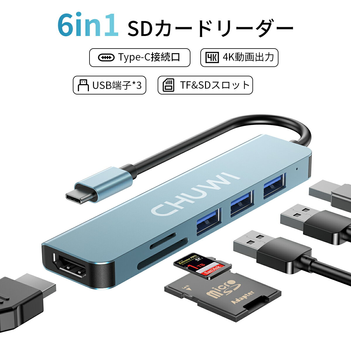 6in1 ɥ꡼ HUB Type-C ³ ϥ HDMIץ 4K ư  USB 3.0 Mac Windows ѥ ipad ֥å Android ޡȥե Switch Ѵץ USB SD TF б MiniBook x/FreeBook/LarkBox x Ŭ