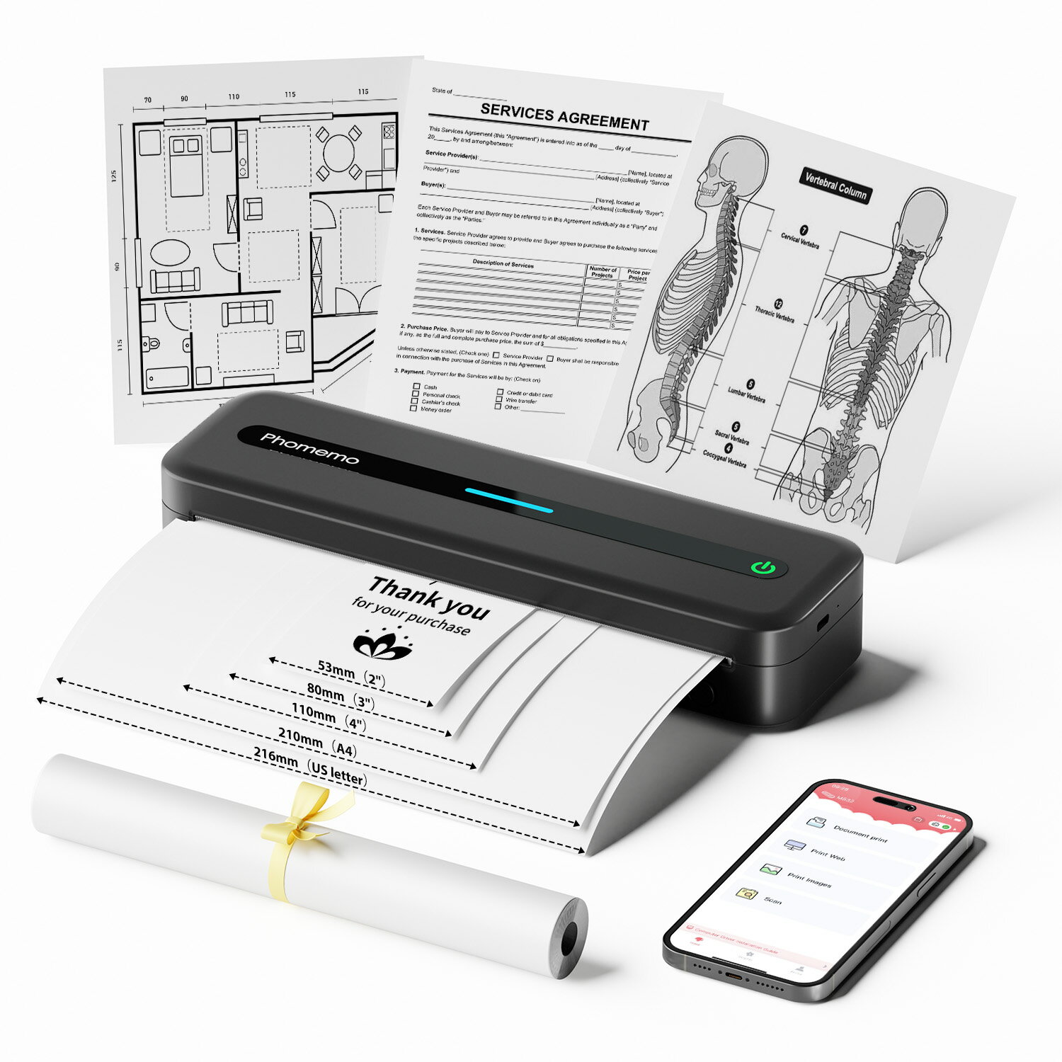 【月間優良ショップ受賞】【レビュー特典】Phomemo M832 スマホ プリンター モバイルプリンター a4 感熱紙 プリンター 携帯プリンター 家庭用プリンター スマホ対応 PC対応 旅行、ビジネス、家庭での使用に最適 A4感熱紙対応 216mm/210mm/110mm/80mm/53mm対応 はいいろ