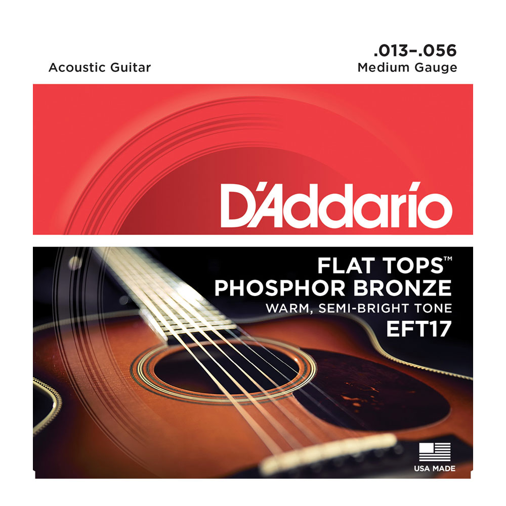 D'Addario EFT17 Medium 13-56 アコースティックギター弦Flat Top Phosphor Bronze Wound.セミフラット加工を施したD'Addarioのフォスファーブロンズ弦。フォスファーブロンズ特有のサスティンやトーンを失うことなく、3段階の研磨を行うことでよりスムースでフラットな質感を実現しました。■ゲージ：Medium 13-561st：PL0132nd：PL0173rd：FT0264th：FT0355th：FT0456th：FT056※1セットでの販売です。