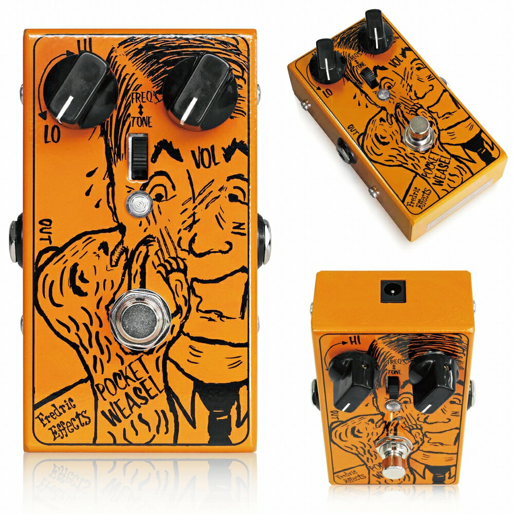 Fredric Effects Pocket Weasel MkII ギターエフェクターFredric Effects Pocket Weasel MkIIは、全く新しいオリジナルファズボックスです。轟音のファズトーンから、個性的な"半止めワウファズ"まで、多彩な音色を作ります。フランク・ザッパが使用した伝説のフィルターペダル、Systech Harmonic Energizerを再現したDo the Weasel Stompからヒントを得て作られたペダルです。シンプルな回路で、超低域から可聴域ギリギリの高域までをカバーする圧巻のレンジを、スタンダードなToneコントロール、またはヴォーカルワウライクなFreqコントロールで調整可能。ToneとFreqはトグルスイッチで切替えることが出来、Hi/Lowノブでコントロールします。Do the Weasel Stompの回路にゲルマニウムトランジスタのゲインステージが追加され、より強く分厚い歪みを作ることができます。電源は、DC9Vセンターマイナスアダプターまたは9V電池駆動に対応しています。●特徴・北ロンドンで製作されるカスタムエンクロージャー・プロフェッショナルパワーコーティングスクリーンプリント・ハンドメイド・PCBを仕様・Cliffジャック搭載・Alpha製フットスイッチ/ポットを使用Pocket Weasel MkIIのアートワークはStacey Hineによって描かれています。